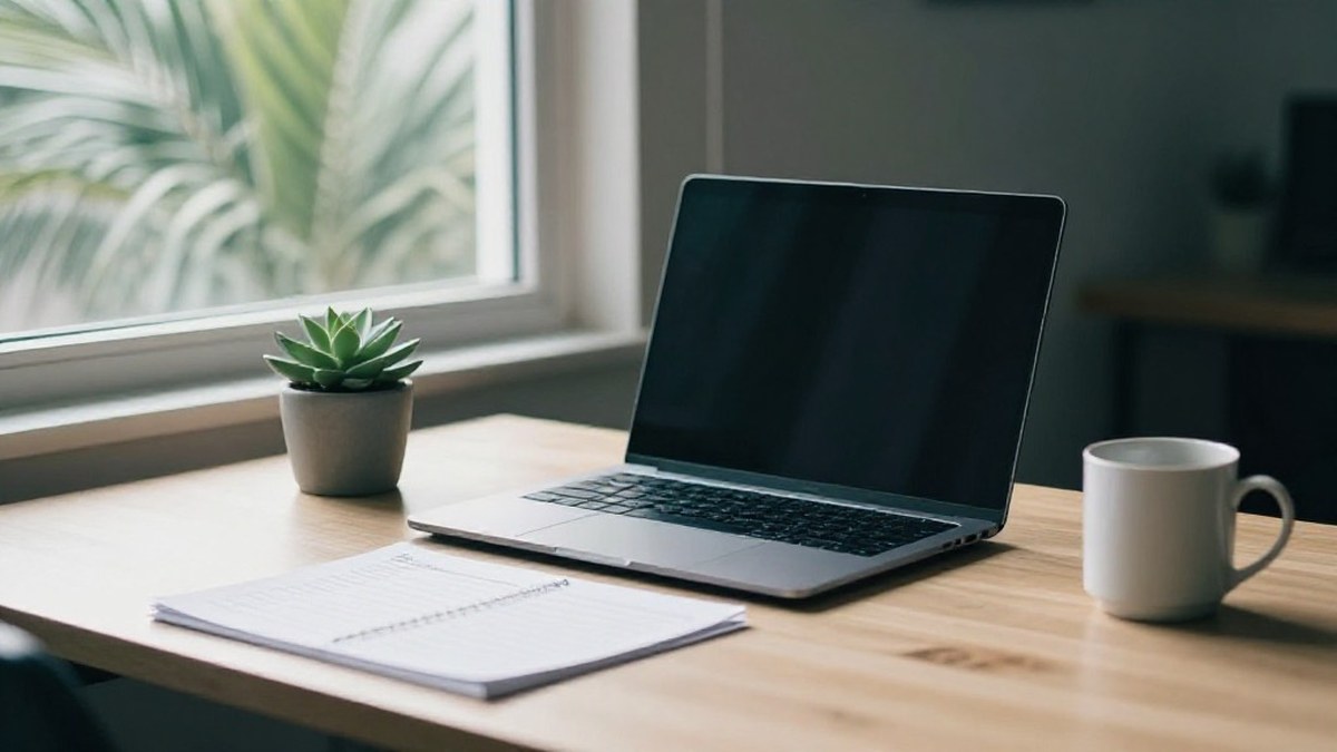 Illustration of a tidy desk by a window with palm leaves outside, a closed laptop, a notebook, a small succulent and a white mug
