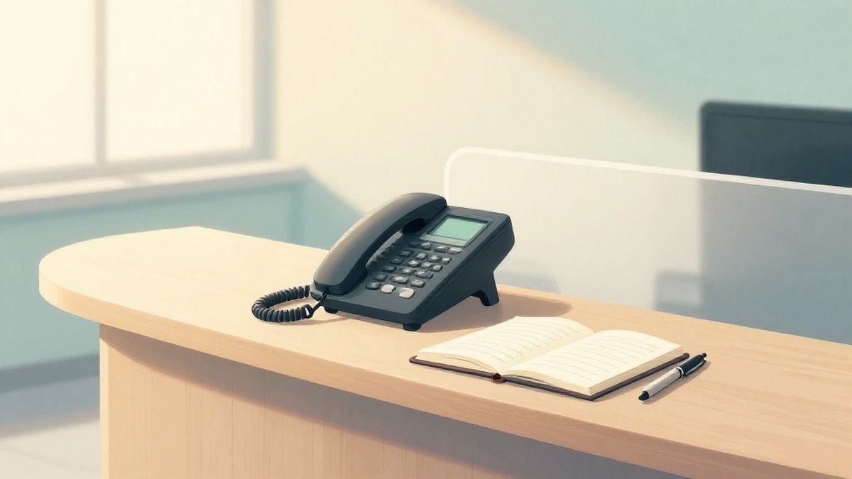 Illustration of an office desk phone on a wooden reception counter next to an open appointment book and a pen, in soft afternoon light