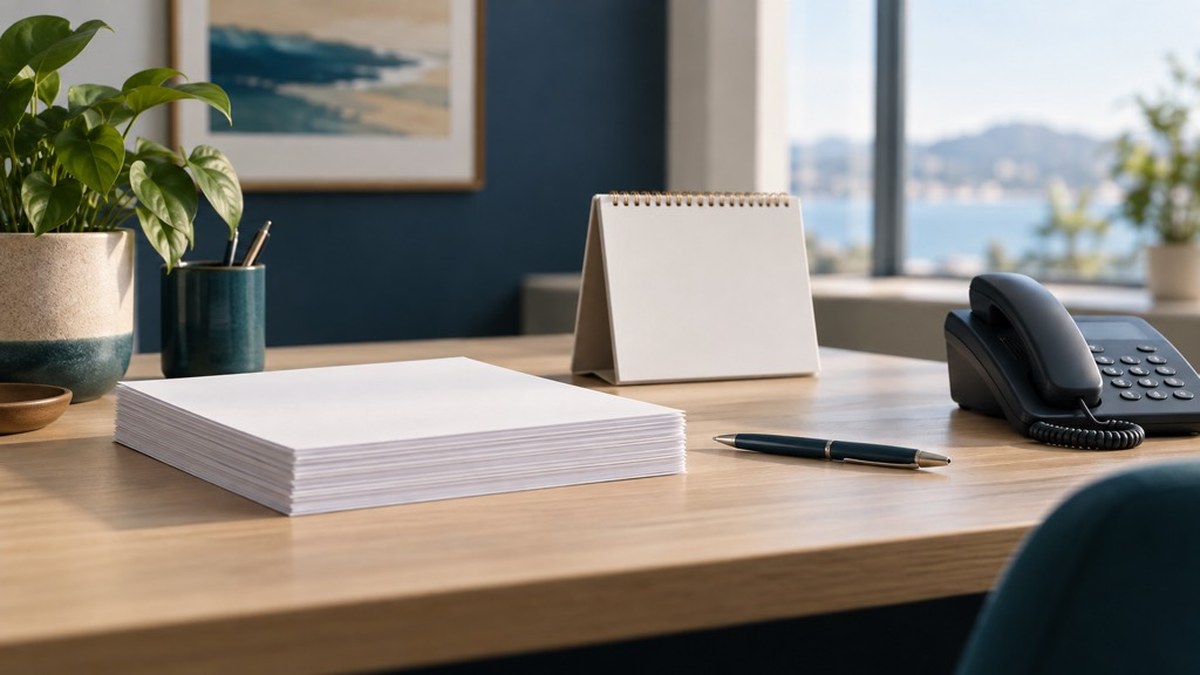 AI-generated editorial illustration of contract paperwork, a pen and a desk phone in muted navy, teal and sand tones
