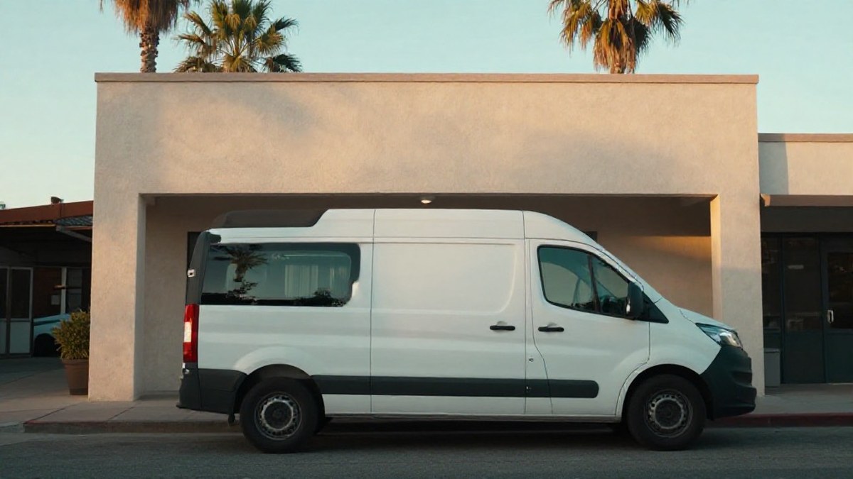 Illustration of a plain white unmarked van parked in front of a small stucco storefront at golden hour with palm trees behind it