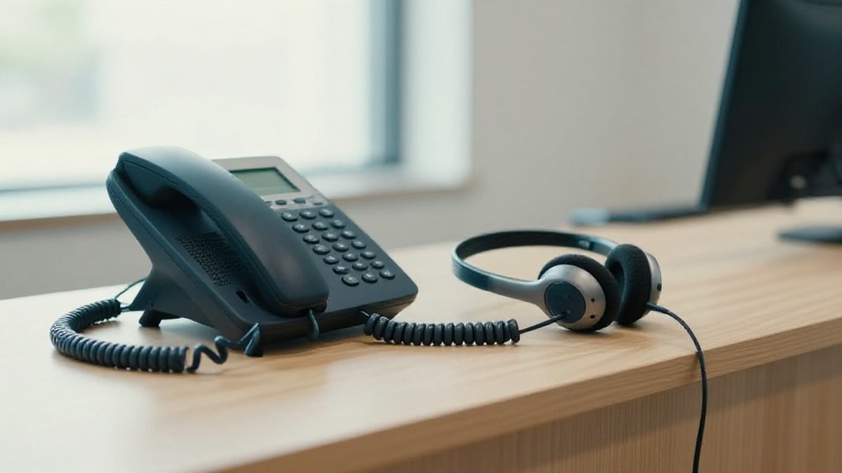 Illustration of a black desk phone and a wireless headset resting on a light wood reception counter beside a window