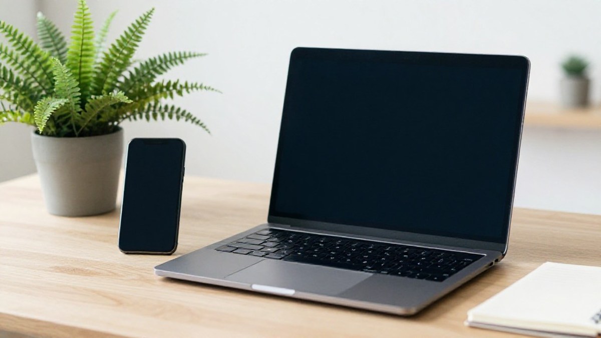 Illustration of a laptop and a smartphone with dark screens on a light oak table beside a potted fern and a notebook