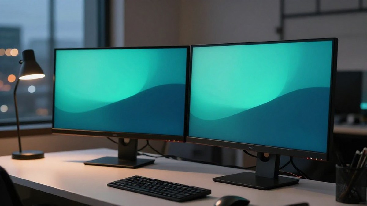 Illustration of an evening desk with two monitors showing soft teal gradients, a keyboard, a mouse and a desk lamp by a city window