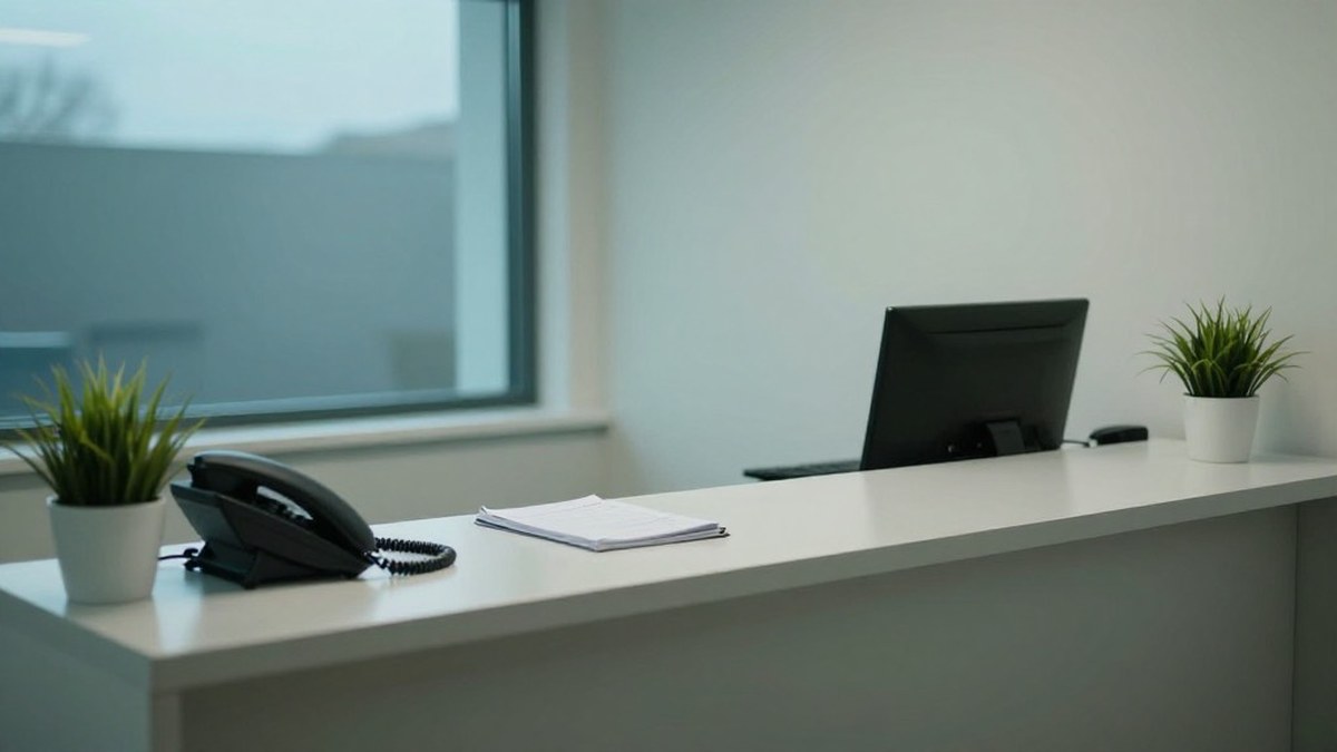 Illustration of an empty white reception counter with a corded desk phone, a short stack of papers, a computer monitor seen from behind and two small potted plants beside a window