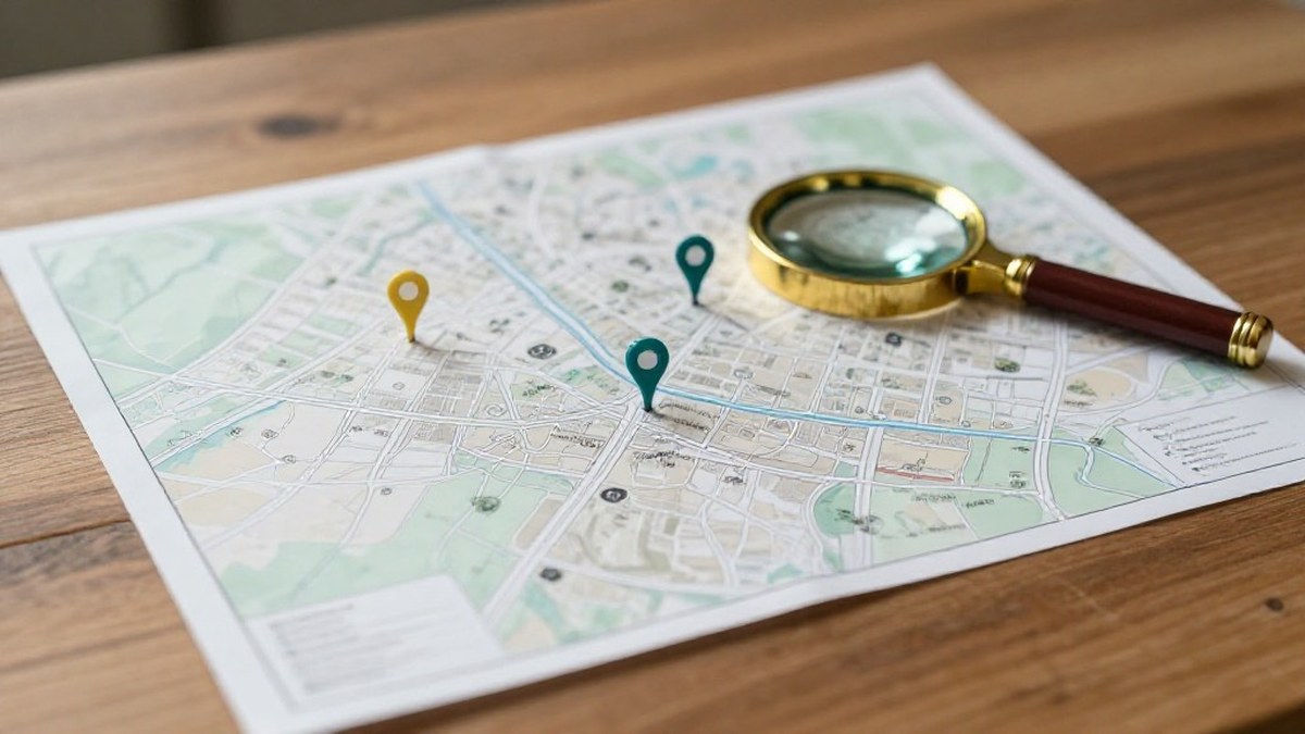 Illustration of a paper street map on a wooden table with several round map pins and a brass magnifying glass resting on it